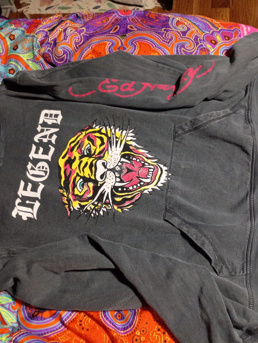 Ed Hardy Gray Graphic Hoodie with Tiger Print